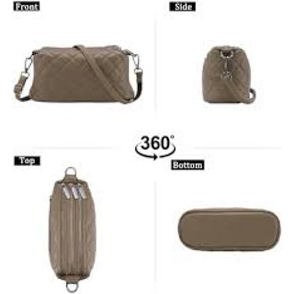 NEW Kaki Quilted Crossbody Bag  Triple Zipper Vegan Leather Shoulder Purse - Picture 2 of 5